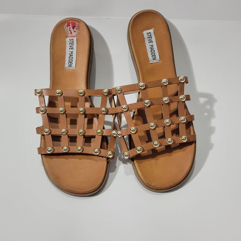 Steve Madden Slip On Leather Studded Sandals Brown Sz 10